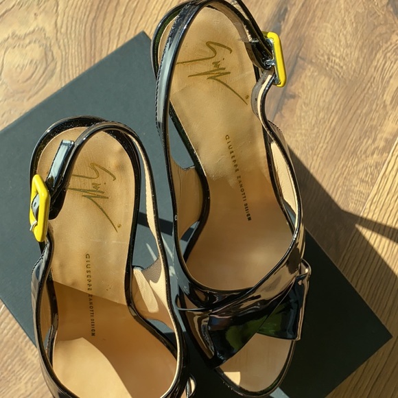 Giuseppe Zanotti Sling Back Vernice Black Patent Leather Wood Sandal Size 37.5 - Picture 7 of 11